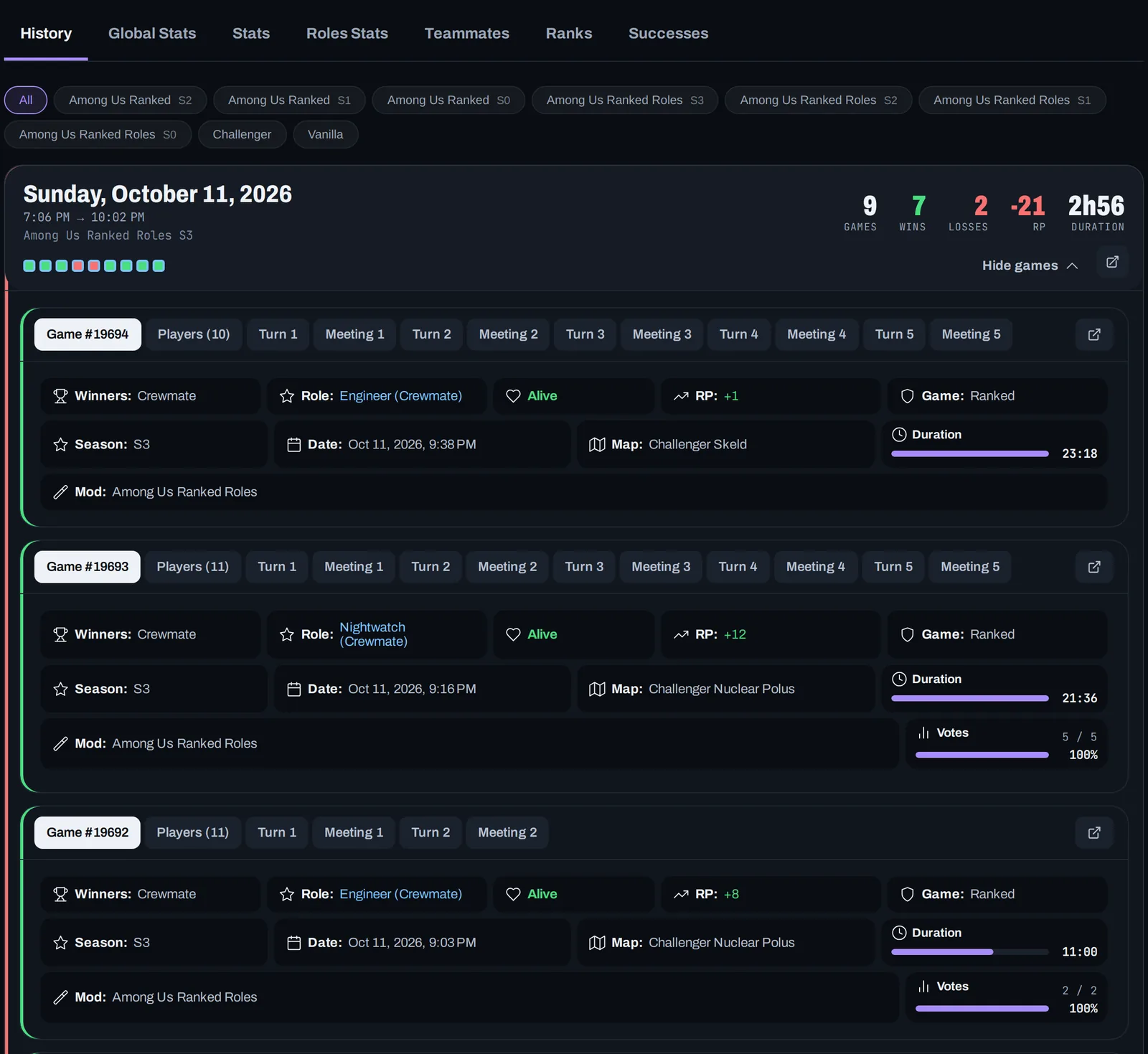 A player's match history on goodloss.fr, grouped by sessions
