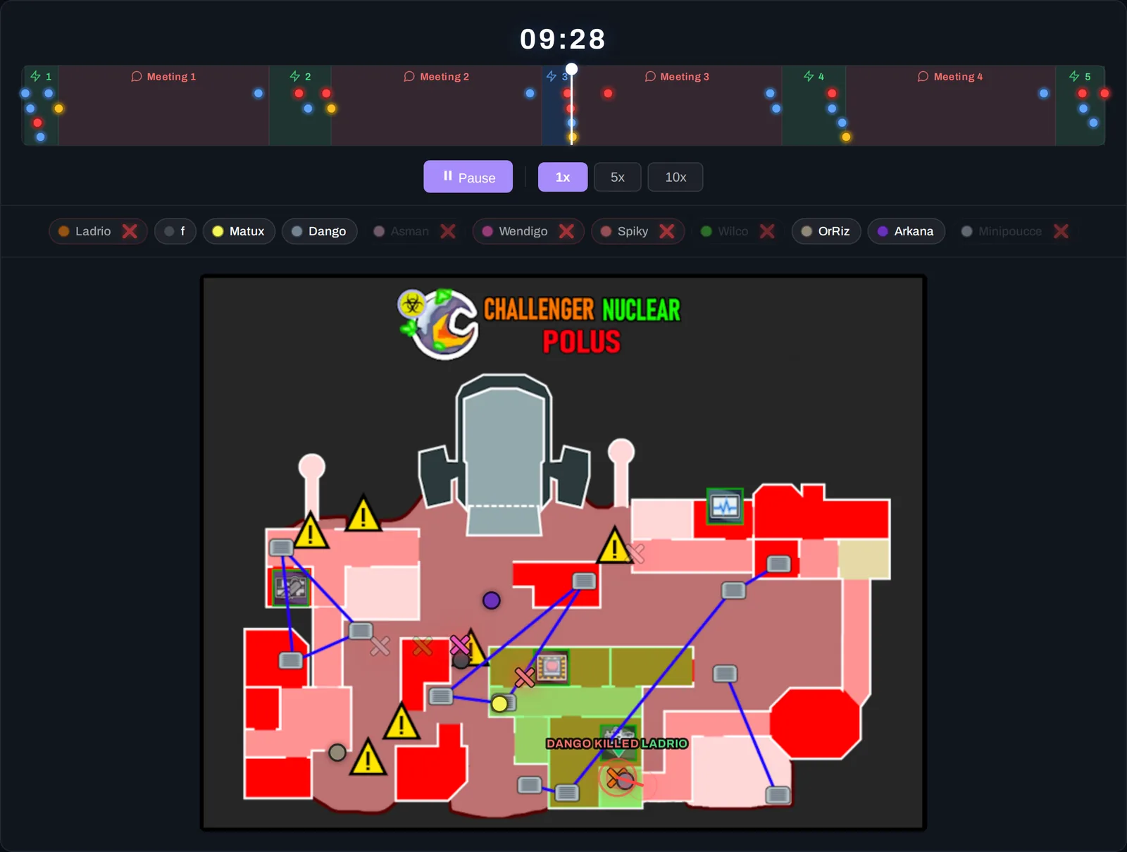 Replay of a game on goodloss.fr: the players on the map and the timeline of events